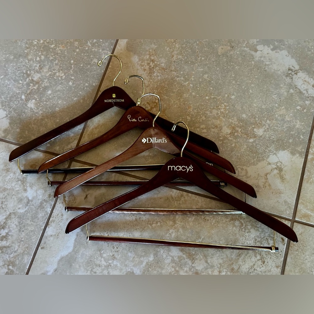4 Designer/Department Store Wooden Slack Hangers. Dark wood w/gold hanger.